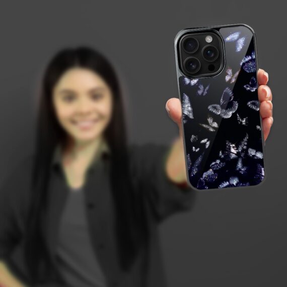 Etui do iPhone 16 Pro, Elite Glass z MagSafe, szklany tył, Nocturne, Nocne motyle, czarne (6)
