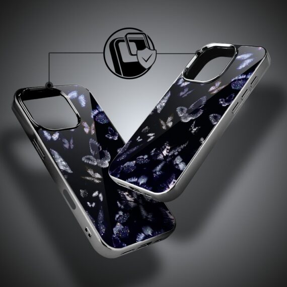 Etui do iPhone 16 Pro, Elite Glass z MagSafe, szklany tył, Nocturne, Nocne motyle, czarne (7)