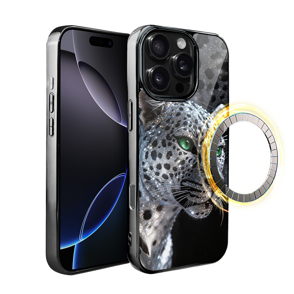 Etui do iPhone 16 Pro, Elite Glass z MagSafe, szklany tył, Nocturne, Oczy pantery, czarne