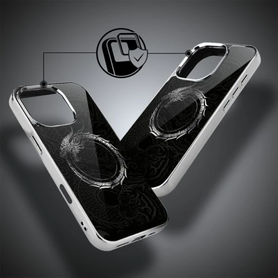 Etui do iPhone 16 Pro, Elite Glass z MagSafe, szklany tył, Nocturne, Uroboros - smoczy krąg, srebrne (4)