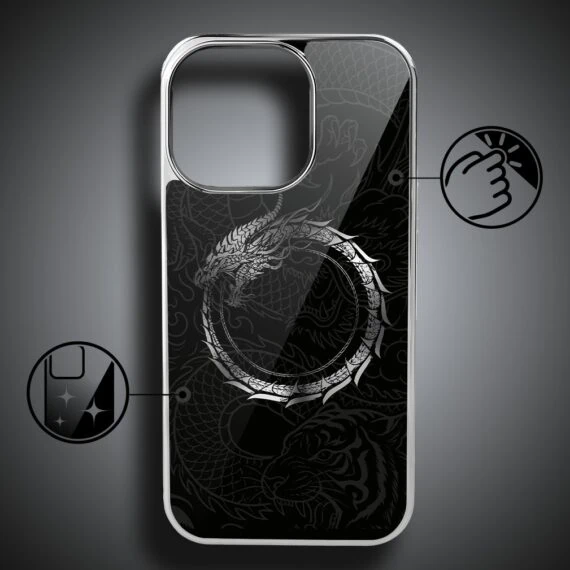 Etui do iPhone 16 Pro, Elite Glass z MagSafe, szklany tył, Nocturne, Uroboros - smoczy krąg, srebrne (6)