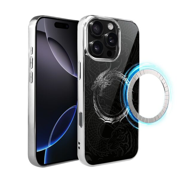 Etui do iPhone 16 Pro, Elite Glass z MagSafe, szklany tył, Nocturne, Uroboros – smoczy krąg, srebrne