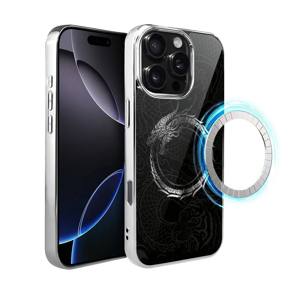 Etui do iPhone 16 Pro, Elite Glass z MagSafe, szklany tył, Nocturne, Uroboros – smoczy krąg, srebrne