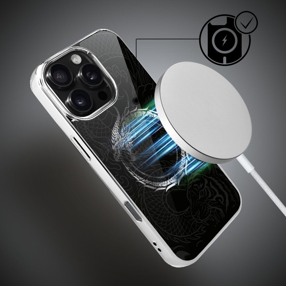 Etui do iPhone 16 Pro, Elite Glass z MagSafe, szklany tył, Nocturne, Uroboros - smoczy krąg, srebrne (8)