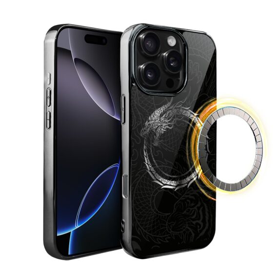 Etui do iPhone 16 Pro, Elite Glass z MagSafe, szklany tył, Nocturne, Uroboros – smoczy krąg, czarne (5)