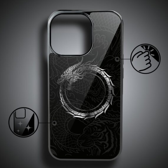 Etui do iPhone 16 Pro, Elite Glass z MagSafe, szklany tył, Nocturne, Uroboros – smoczy krąg, czarne (6)