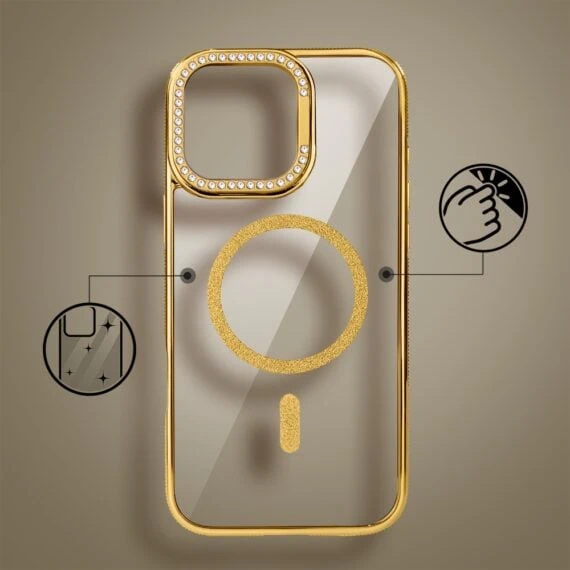 Etui do iPhone 16 Pro Max Diadem Glow, przeźroczyste z MagSafe, błyszczące z podstawką, złote (1)