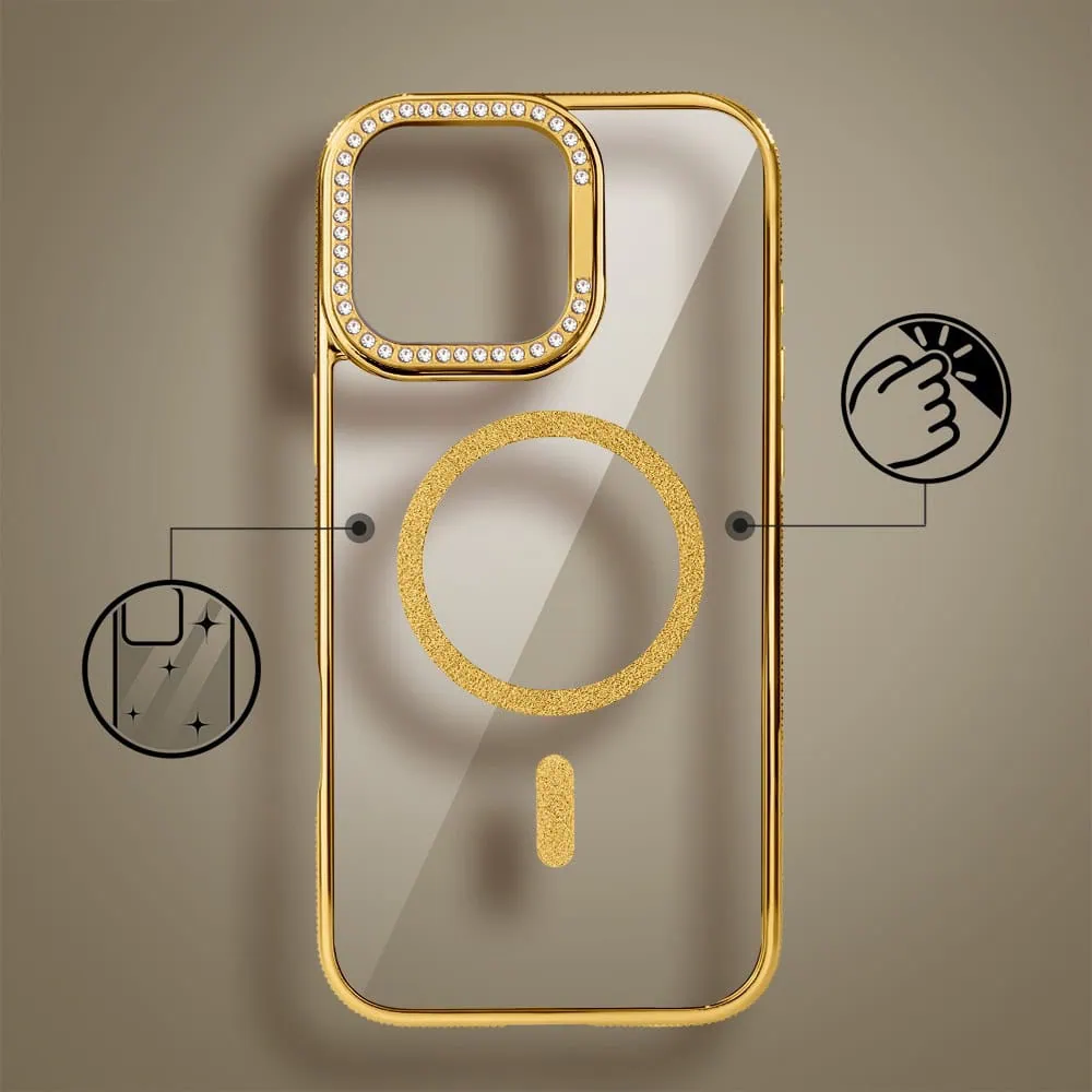 Etui do iPhone 16 Pro Max Diadem Glow, przeźroczyste z MagSafe, błyszczące z podstawką, złote (1)