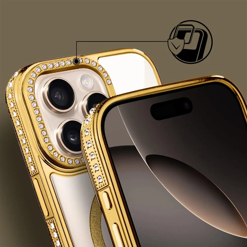 Etui do iPhone 16 Pro Max Diadem Glow, przeźroczyste z MagSafe, błyszczące z podstawką, złote (4)