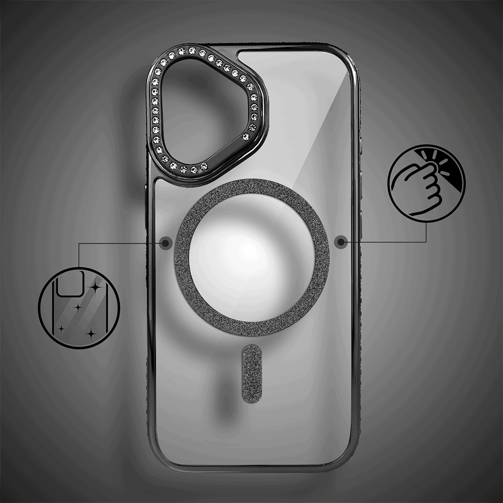 Etui do iPhone 17 Diadem Glow, przeźroczyste z MagSafe, błyszczące z podstawką, czarne (6)