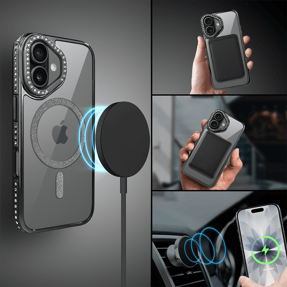 Etui do iPhone 17 Diadem Glow, przeźroczyste z MagSafe, błyszczące z podstawką, czarne (7)