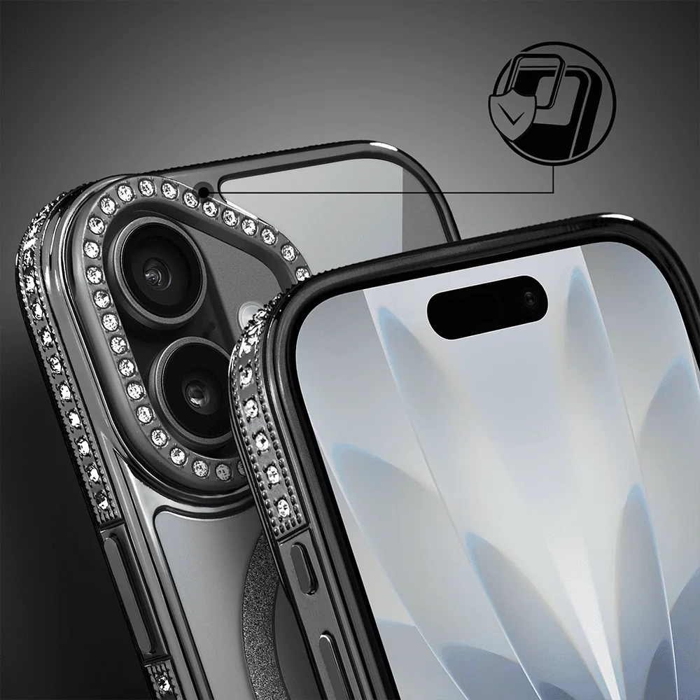 Etui do iPhone 17 Diadem Glow, przeźroczyste z MagSafe, błyszczące z podstawką, czarne (9)