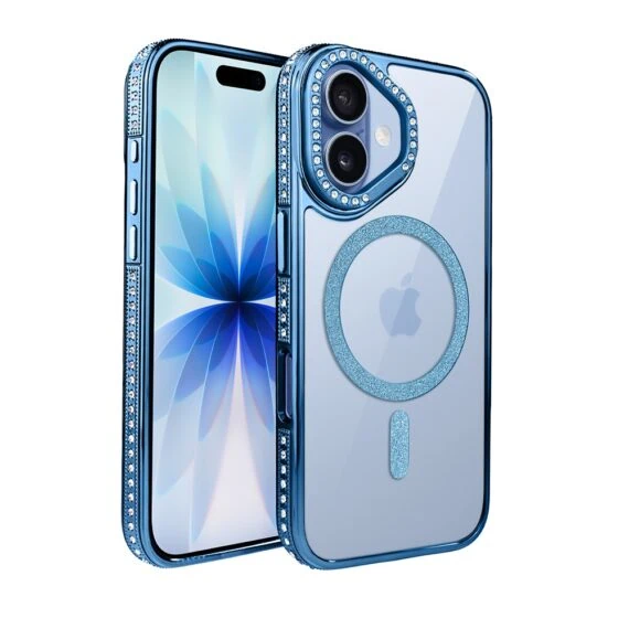 Etui do iPhone 17 Diadem Glow, przeźroczyste z MagSafe, błyszczące z podstawką, niebieskie (1)