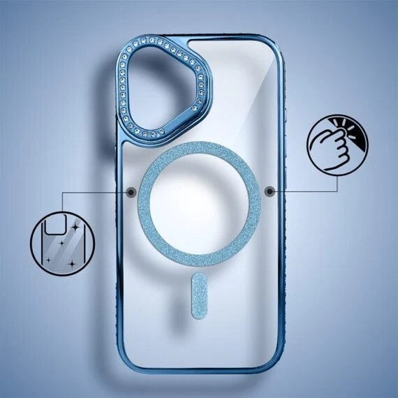 Etui do iPhone 17 Diadem Glow, przeźroczyste z MagSafe, błyszczące z podstawką, niebieskie (2)