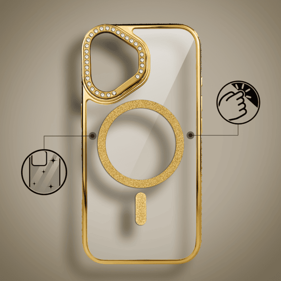 Etui do iPhone 17 Diadem Glow, przeźroczyste z MagSafe, błyszczące z podstawką, złote (6)