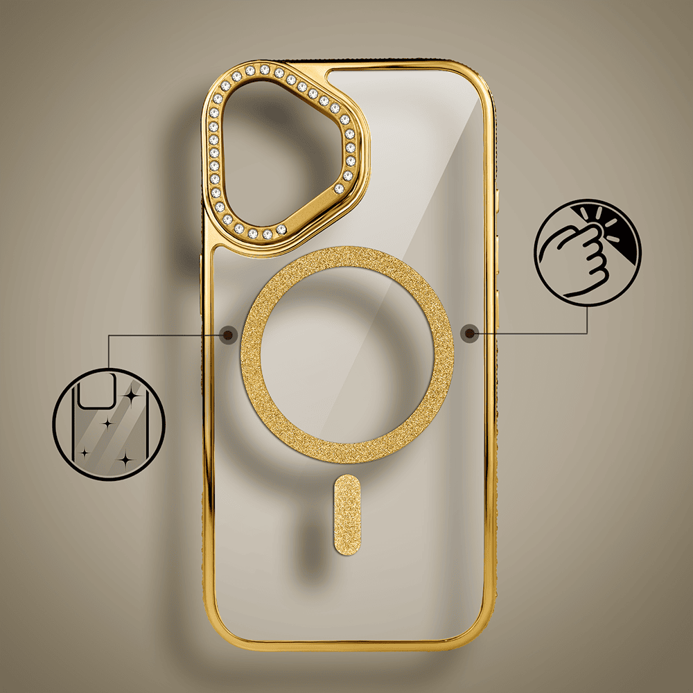 Etui do iPhone 17 Diadem Glow, przeźroczyste z MagSafe, błyszczące z podstawką, złote (6)