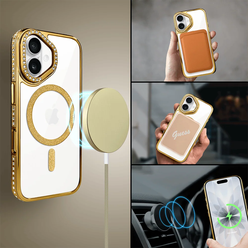 Etui do iPhone 17 Diadem Glow, przeźroczyste z MagSafe, błyszczące z podstawką, złote (7)