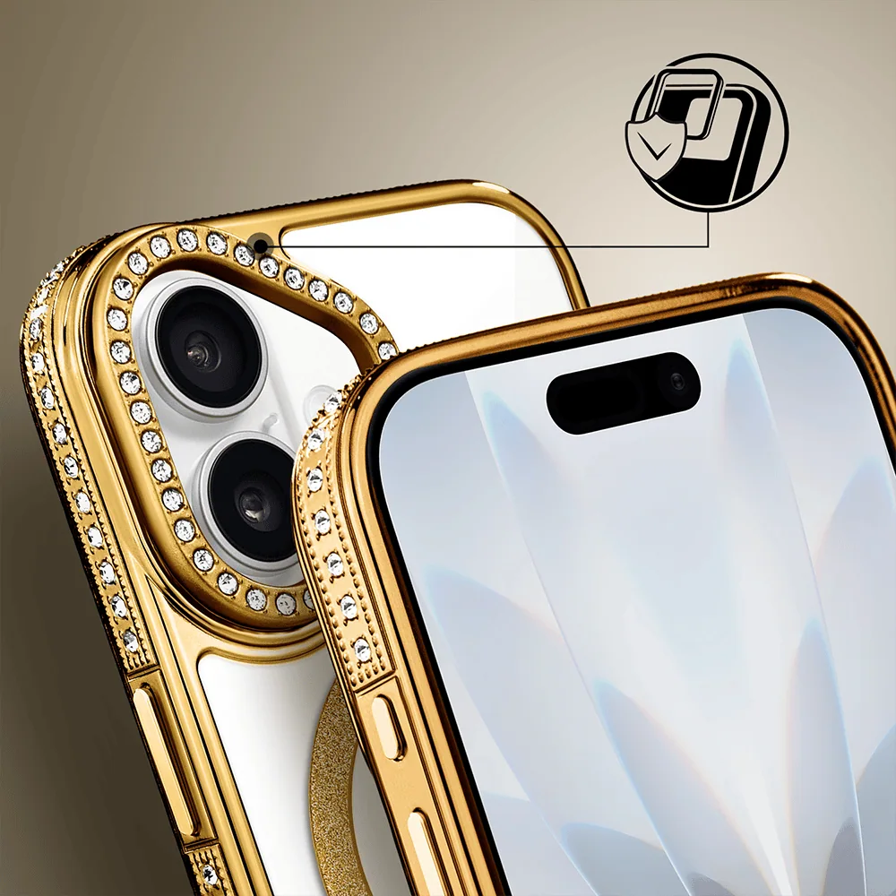 Etui do iPhone 17 Diadem Glow, przeźroczyste z MagSafe, błyszczące z podstawką, złote (9)