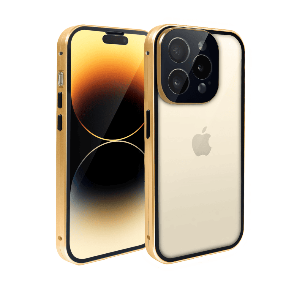 Obudowa do iPhone 14 Pro, podwójna szyba i aluminium 360° przód + tył magnetyczna, z osłoną aparatu, złota1
