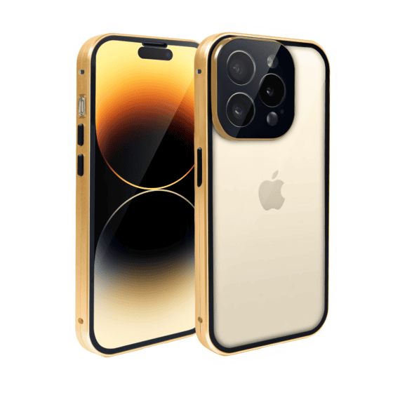 Obudowa do iPhone 14 Pro, podwójna szyba i aluminium 360° przód + tył magnetyczna, z osłoną aparatu, złota1