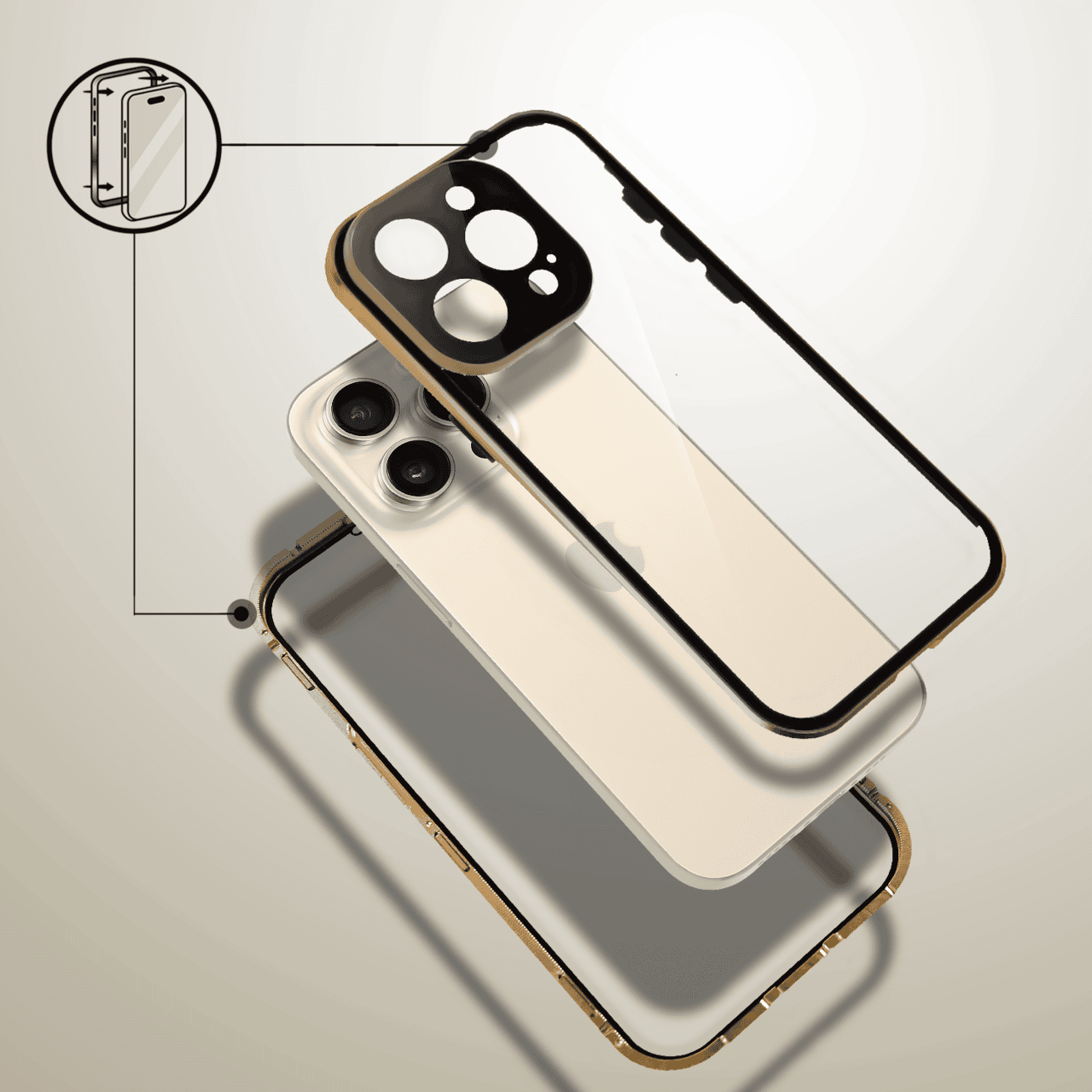 Obudowa do iPhone 14 Pro, podwójna szyba i aluminium 360° przód + tył magnetyczna, z osłoną aparatu, złota3