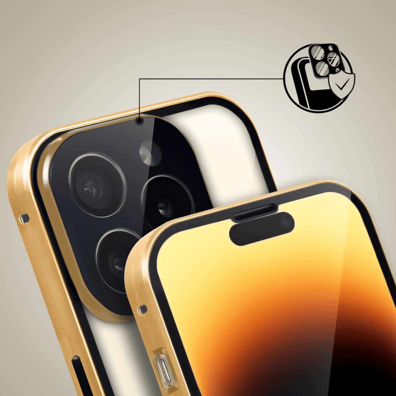 Obudowa do iPhone 14 Pro, podwójna szyba i aluminium 360° przód + tył magnetyczna, z osłoną aparatu, złota5
