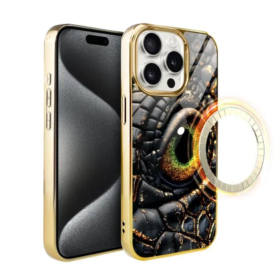 Etui do iPhone 15 Pro, Elite Glass z MagSafe, szklany tył, Amber dragon, złote (2)