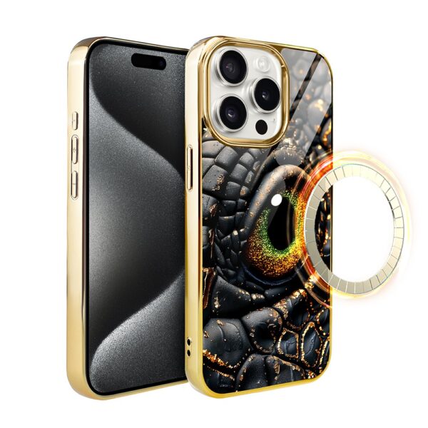 Etui do iPhone 15 Pro, Elite Glass z MagSafe, szklany tył, Amber dragon, złote