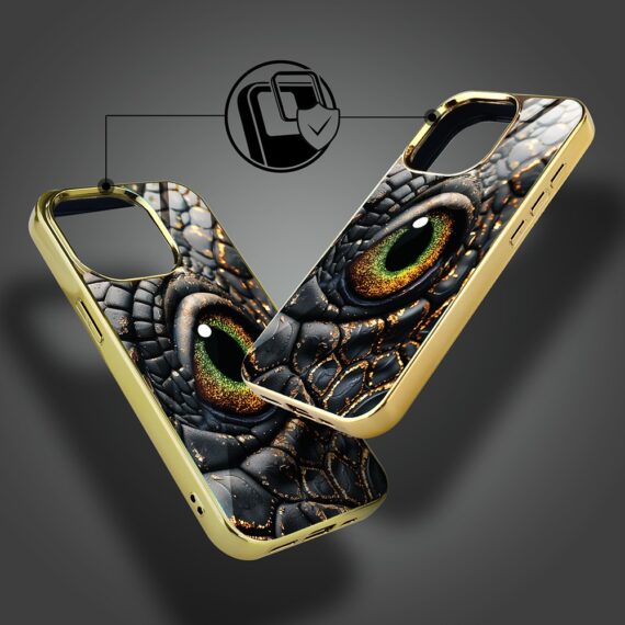 Etui do iPhone 15 Pro, Elite Glass z MagSafe, szklany tył, Amber dragon, złote (5)