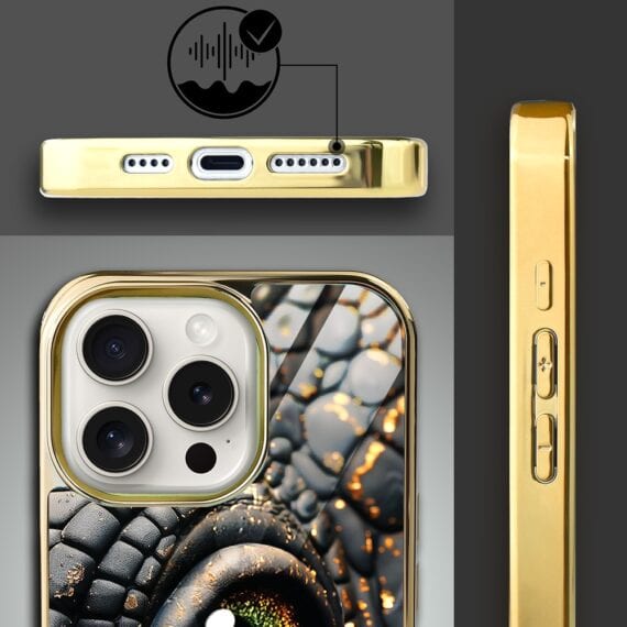 Etui do iPhone 15 Pro, Elite Glass z MagSafe, szklany tył, Amber dragon, złote (7)