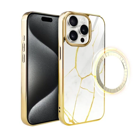 Etui do iPhone 15 Pro, Elite Glass z MagSafe, szklany tył, Biała porcelana, złote (2)