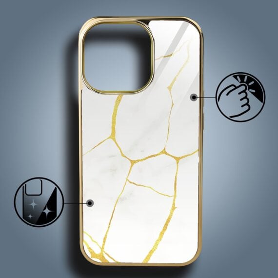 Etui do iPhone 15 Pro, Elite Glass z MagSafe, szklany tył, Biała porcelana, złote (3)