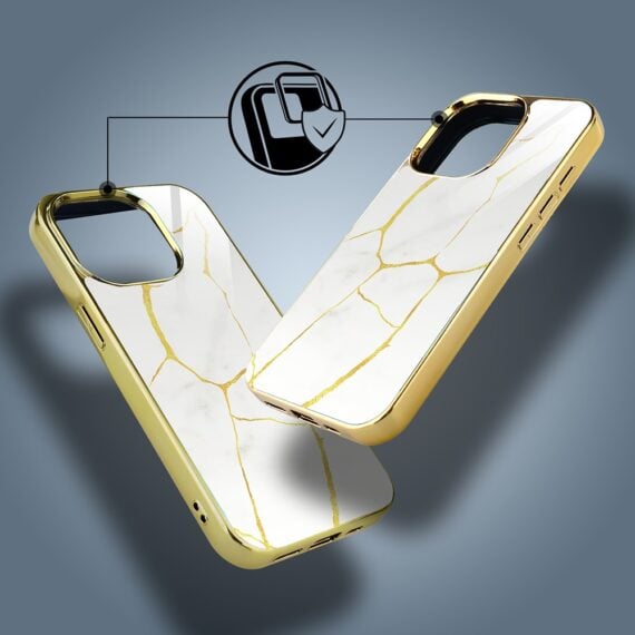 Etui do iPhone 15 Pro, Elite Glass z MagSafe, szklany tył, Biała porcelana, złote (5)