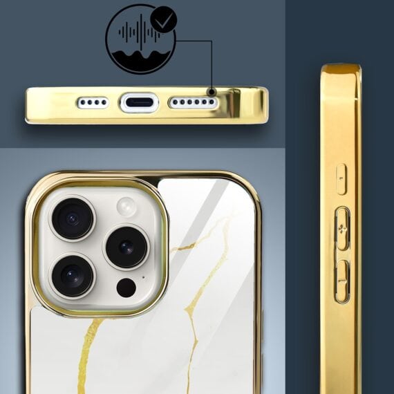 Etui do iPhone 15 Pro, Elite Glass z MagSafe, szklany tył, Biała porcelana, złote (7)
