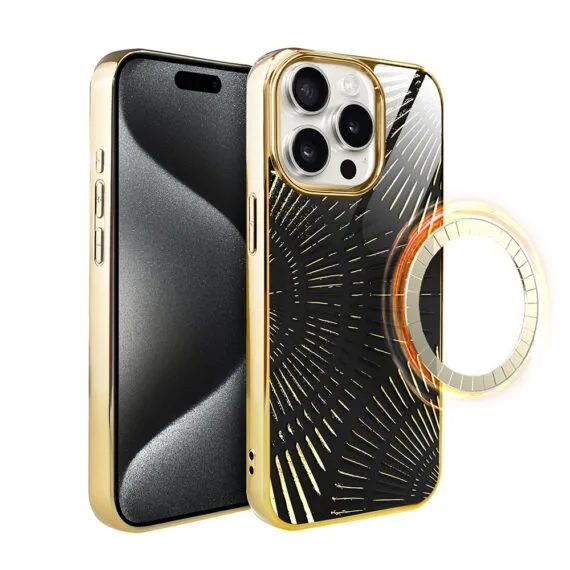 Etui do iPhone 15 Pro, Elite Glass z MagSafe, szklany tył, Boski promień czarne, złote (1)