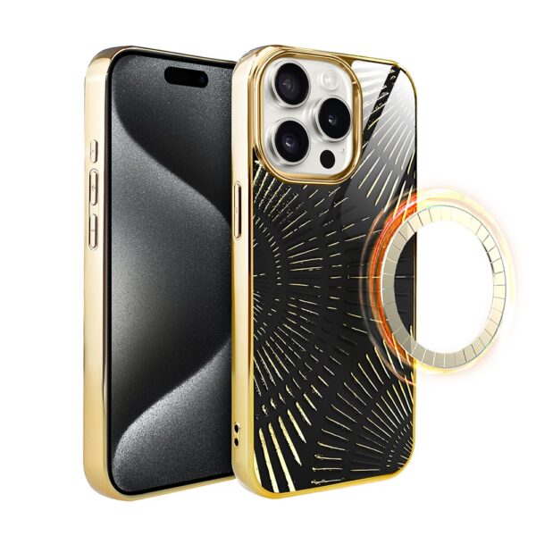 Etui do iPhone 15 Pro, Elite Glass z MagSafe, szklany tył, Boski promień czarne, złote