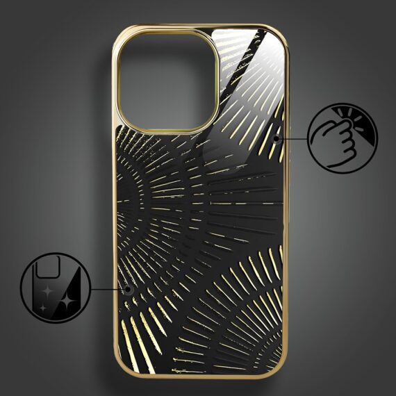 Etui do iPhone 15 Pro, Elite Glass z MagSafe, szklany tył, Boski promień czarne, złote (2)