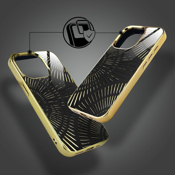 Etui do iPhone 15 Pro, Elite Glass z MagSafe, szklany tył, Boski promień czarne, złote (4)
