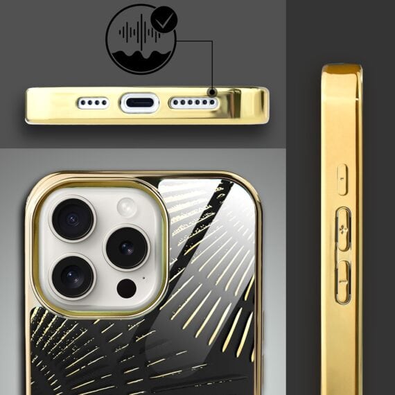 Etui do iPhone 15 Pro, Elite Glass z MagSafe, szklany tył, Boski promień czarne, złote (6)