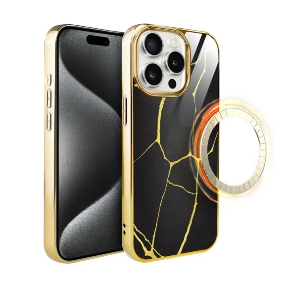 Etui do iPhone 15 Pro, Elite Glass z MagSafe, szklany tył, Czarna porcelana, złote (1)