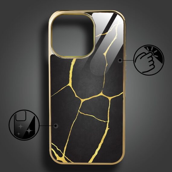 Etui do iPhone 15 Pro, Elite Glass z MagSafe, szklany tył, Czarna porcelana, złote (2)