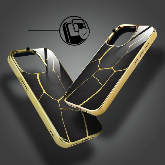 Etui do iPhone 15 Pro, Elite Glass z MagSafe, szklany tył, Czarna porcelana, złote (4)