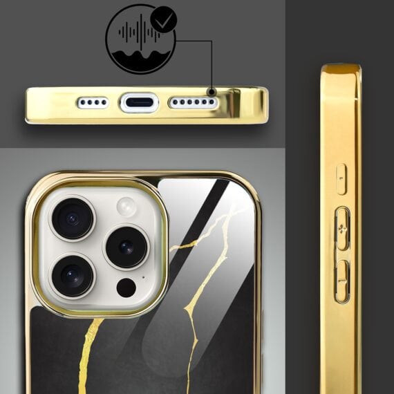 Etui do iPhone 15 Pro, Elite Glass z MagSafe, szklany tył, Czarna porcelana, złote (6)