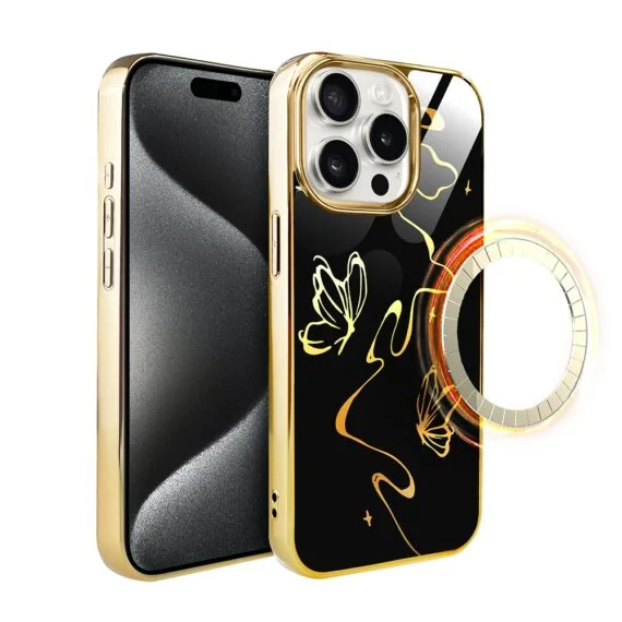 Etui do iPhone 15 Pro, Elite Glass z MagSafe, szklany tył, Efekt motyla, złote (1)
