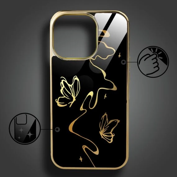Etui do iPhone 15 Pro, Elite Glass z MagSafe, szklany tył, Efekt motyla, złote (2)