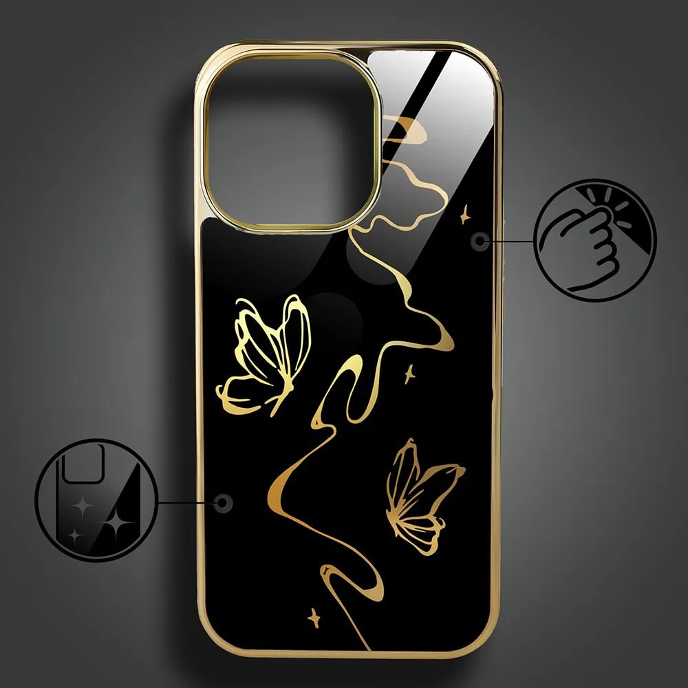 Etui do iPhone 15 Pro, Elite Glass z MagSafe, szklany tył, Efekt motyla, złote (2)