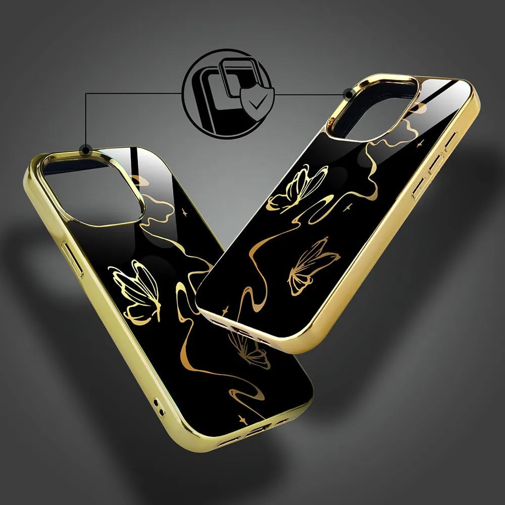 Etui do iPhone 15 Pro, Elite Glass z MagSafe, szklany tył, Efekt motyla, złote (4)