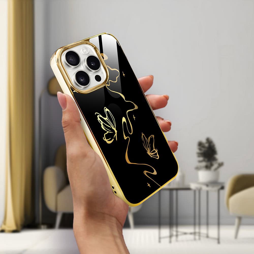Etui do iPhone 15 Pro, Elite Glass z MagSafe, szklany tył, Efekt motyla, złote (5)