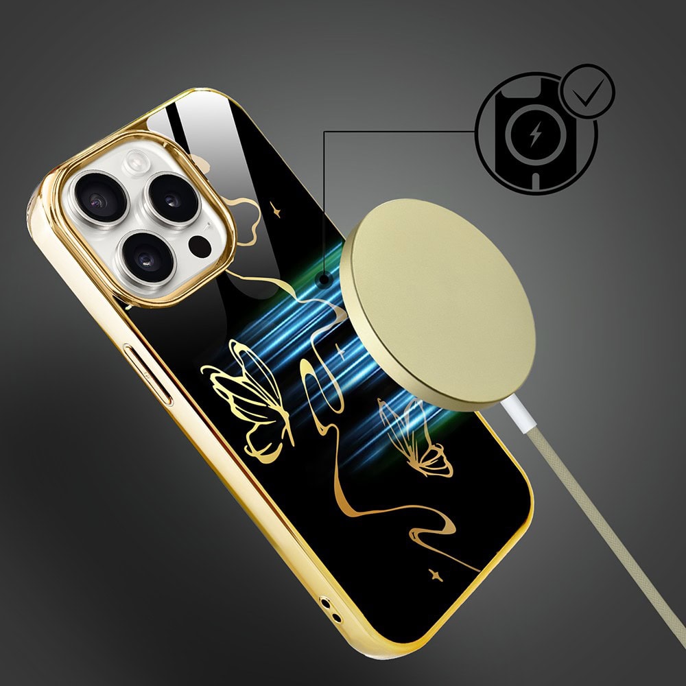 Etui do iPhone 15 Pro, Elite Glass z MagSafe, szklany tył, Efekt motyla, złote (8)