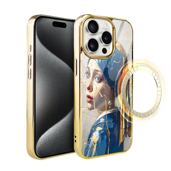 Etui do iPhone 15 Pro, Elite Glass z MagSafe, szklany tył, Kobieta z perłą, złote (2)